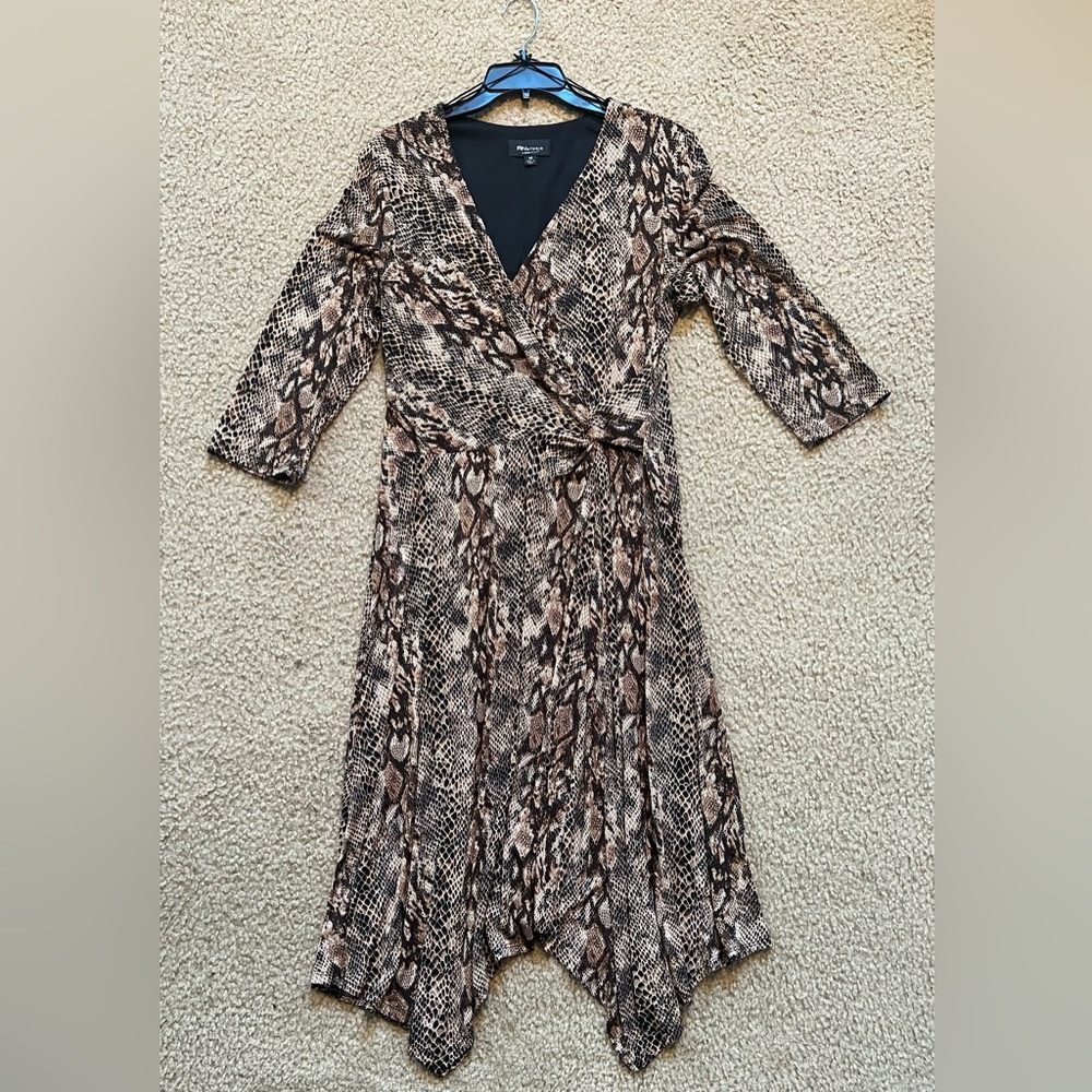 RN Studio Faux Wrap Asymmetric Hem Snake Skin Print Dress, 3/4 Sleeves, Size 14